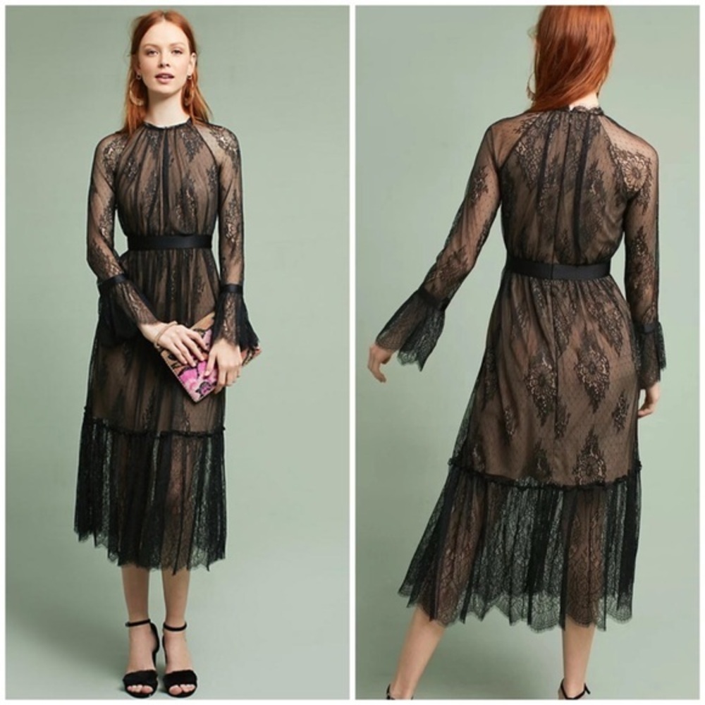 💋 Anthropologie Shoshanna Black Lace Midi Dress